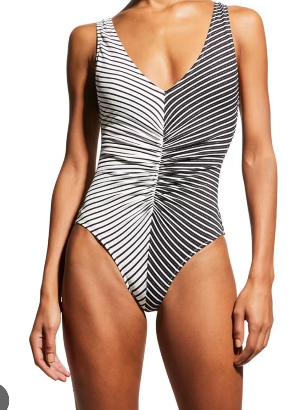 Solid & Striped 1 Pieced Black White & Silver Striped Ruched Swimsuit, S